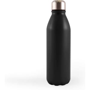 A drink bottle with a sleek black finish and a metallic cap, designed for holding beverages.