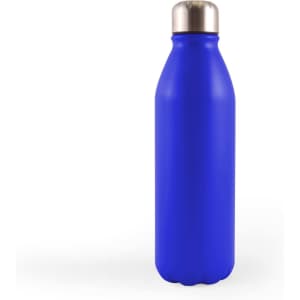 A drink bottle with a sleek blue aluminum design and a silver screw top lid.