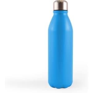 A drink bottle made of aluminum, featuring a sleek blue design and a metal screw-on lid.
