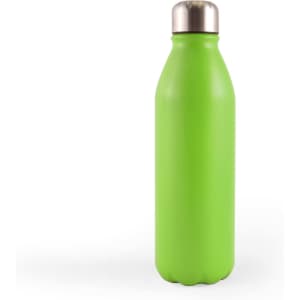A drink bottle with a smooth green exterior and a silver metallic cap.