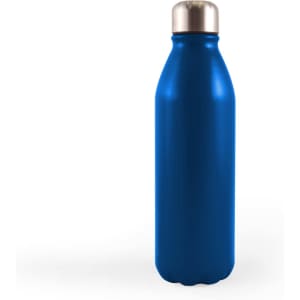 A drink bottle with a sleek blue finish and a silver metallic lid.