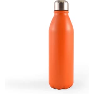 A drink bottle in a vibrant orange color with a stainless steel cap and a sleek, minimalist design.