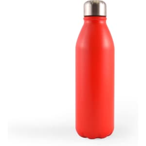A drink bottle in a sleek red color with a stainless steel cap, featuring a smooth, matte finish.