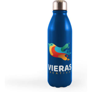 A drink bottle with a sleek blue aluminum design featuring a colorful splash logo and the text “Vieras Creatives.”