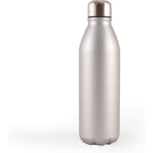 A drink bottle in a silver aluminum finish with a metallic top and a smooth, sleek design.