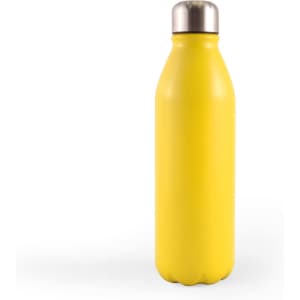 A drink bottle made of aluminum, featuring a vibrant yellow color and a stainless steel cap.