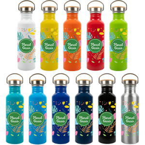 A collection of colourful drink bottles, including white, yellow, orange, green, red, blue, and stainless steel options, each with a logo.