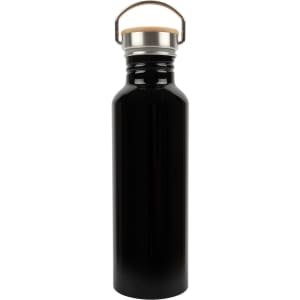 A drink bottle made of recycled aluminum, featuring a black finish and a metal handle with a cork top.