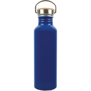 A drink bottle made of recycled aluminum, featuring a shiny blue finish and a silver metal cap with a handle.