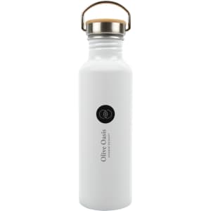 A drink bottle made of recycled aluminum featuring a white finish and a cork top, branded with the logo "Olive Oasis."