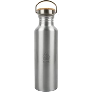 A drink bottle made of recycled aluminum with a cork stopper and a metal handle, featuring the logo "CAMP COVE."