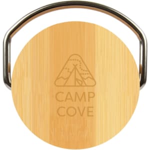 A drink bottle cap made of bamboo with a metal handle, featuring the engraved logo "CAMP COVE."