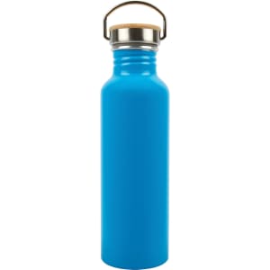 A drink bottle made of recycled aluminum, featuring a vibrant blue finish and a metal lid with a wooden accent.