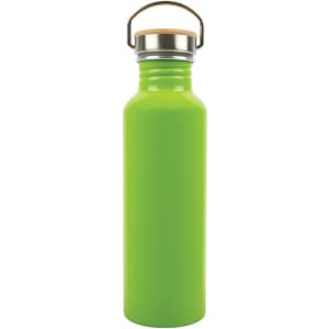 A drink bottle made of recycled aluminum with a vibrant green finish and a metal cap featuring a wooden handle.