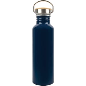 A drink bottle made of recycled aluminum with a navy blue finish and a wooden cork lid.