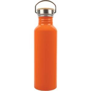 A drink bottle made of recycled aluminum in a vibrant orange color, featuring a stainless steel cap and a sturdy handle.