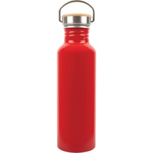A drink bottle made from recycled aluminum, featuring a vibrant red finish and a cork lid with a metal handle.