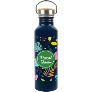 A drink bottle in navy blue, featuring a floral design and a metal cap, with a logo on the front.