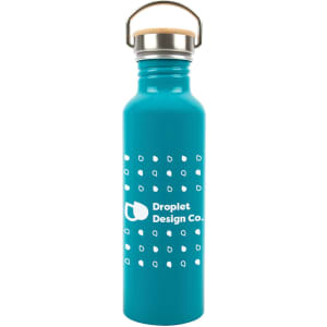 A drink bottle in turquoise with a stainless steel lid and a logo prominently displayed on the front.