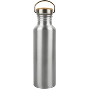 A drink bottle made of recycled aluminium featuring a sleek silver finish and a cork stopper with a metal handle.