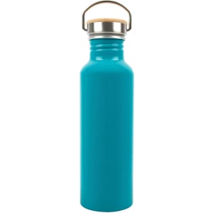 A drink bottle made of recycled aluminum, featuring a vibrant turquoise finish and a stainless steel lid with a handle.