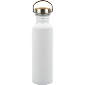 A drink bottle made of recycled aluminum with a white finish and a wooden top.