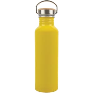 A drink bottle made of recycled aluminium, featuring a vibrant yellow finish and a metal lid with a cork accent.