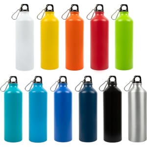 A drink bottle assortment featuring colors like white, yellow, orange, red, green, blue, black, and silver. Each has a carrying handle.