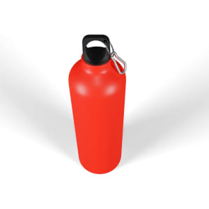 A drink bottle in vibrant red with a black cap and a silver carabiner. It features a logo on the surface.