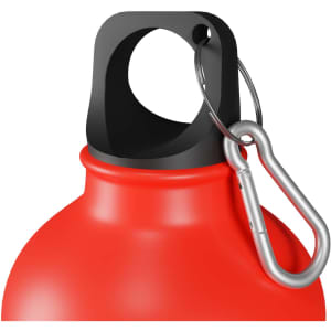 A drink bottle featuring a vibrant red aluminum body and a black top with a carabiner attachment.