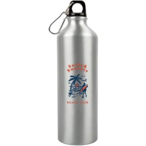 A drink bottle in silver aluminum with a logo featuring a beach scene and a clip for attachment.