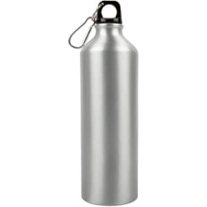 A drink bottle made of aluminum with a sleek silver finish and a black cap featuring a carabiner.