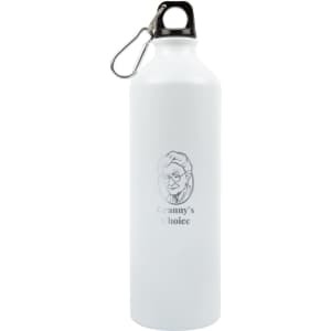 A drink bottle in white aluminum with a black lid and a clip, featuring a logo.