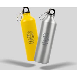 A drink bottle set featuring a yellow aluminum bottle and a silver aluminum bottle, both with a logo.