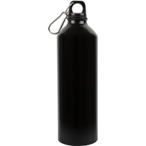 A drink bottle made of aluminum, featuring a sleek black finish and a metal carabiner for easy attachment.