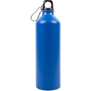 A drink bottle featuring a sleek blue aluminum design with a secure cap and a convenient carabiner attachment.