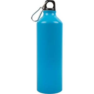 A drink bottle in vibrant blue, featuring a black top and a metal carabiner for easy attachment.