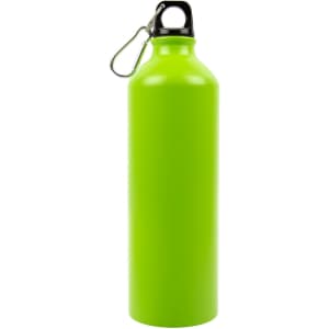 A drink bottle in a vibrant green color, featuring an aluminum design and a black cap with a carabiner attachment.