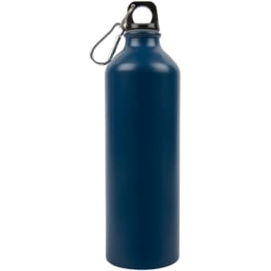A drink bottle made of aluminium, featuring a dark blue finish and a black cap with a carabiner attachment.