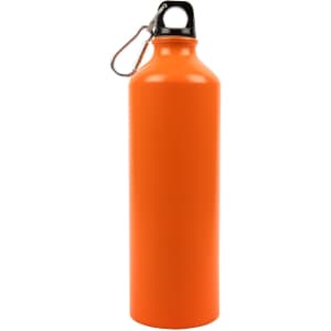 A drink bottle in bright orange, featuring a secure lid and a carabiner attachment. It has a logo.
