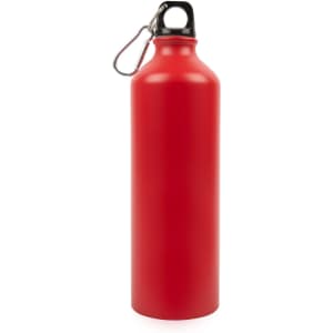 A drink bottle made of aluminum featuring a sleek red finish and a black cap with a carabiner attachment.