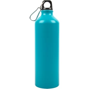 A drink bottle in a vibrant turquoise color with a black lid and a metal carabiner. It has a simple branding logo.
