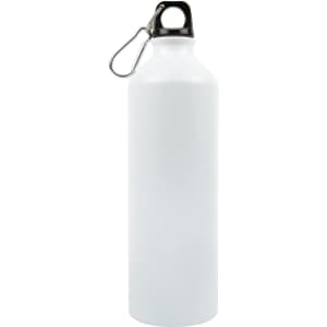 A drink bottle made of aluminum with a sleek white finish and a black lid featuring a sturdy handle.