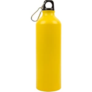 A drink bottle made of aluminum, featuring a bright yellow color and a top with a carabiner clip.