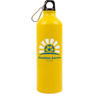 A drink bottle in bright yellow, featuring a logo and a carabiner for easy attachment.