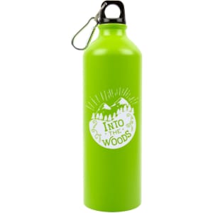 A drink bottle in bright green with a circular logo featuring mountains and sun rays. It has a black lid and a clip.