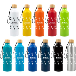 A drink bottle collection featuring various colours, including white, yellow, orange, green, blue, and silver, with bamboo lids and logos.