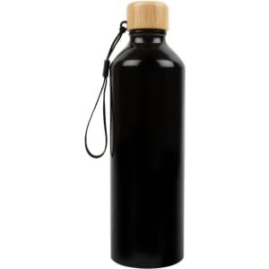 A drink bottle made of aluminum with a sleek black finish and a bamboo lid. It features a convenient carrying strap.