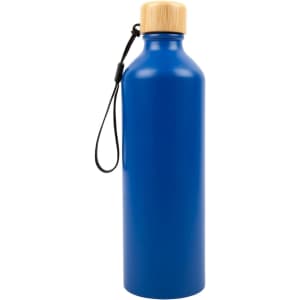 A drink bottle in blue aluminum with a bamboo lid and a black strap. Features a logo on the surface.