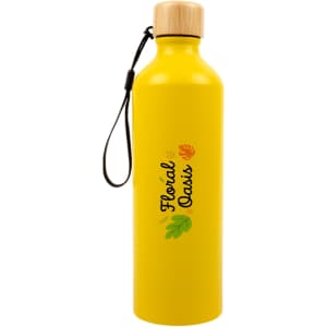 A drink bottle in bright yellow with a bamboo lid and a logo. It features a slim design and a carry strap.